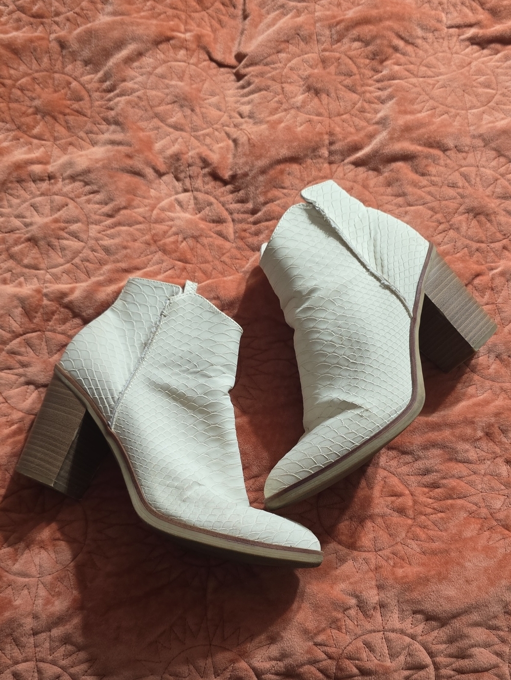 Maurices Ivory Snake-Texture Ankle Booties with Block Heel